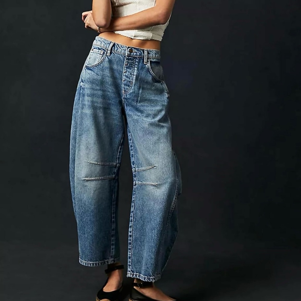 Women's Baggy Jeans Wide Leg Mid Waist Denim Pants Cropped Barrel Jeans